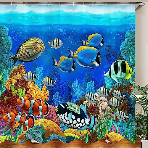 JOOCAR Design Shower Curtain, Fish Ocean Clear Undersea World Sea Animal with Corals Reefs and Tropical Fishes Cartoon Watergrass Colored Fish, Waterproof Cloth Fabric Bathroom Decor Set with Hooks