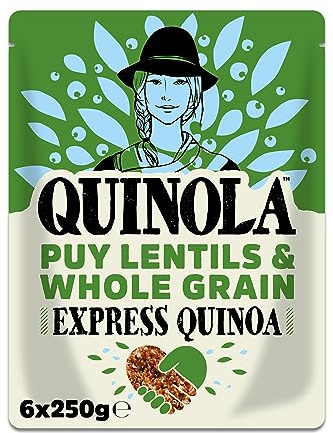 Quinola Puy Lentils & Whole Grain Quinoa 6x250g, Healthy Rice Alternative Grain, Express Ready to Eat Pouches, High In Protein, Source of Fibre, Vegan & Gluten Free Superfood