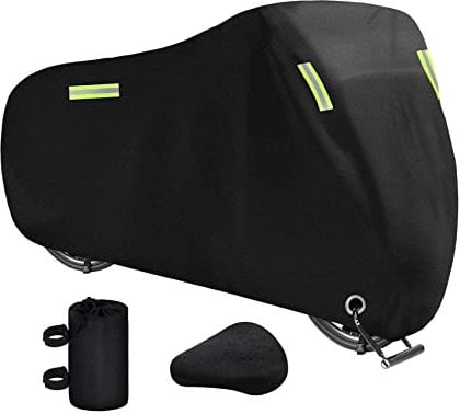 Dokon Bike Cover, Waterproof, Windproof, Anti-UV 420D Oxford Fabric Bicycle Cover with Lock Holes, Outside Storage for Mountain/Road Bike, Bonus Bike Seat Cover, 200 x 70 x 110cm (Black)