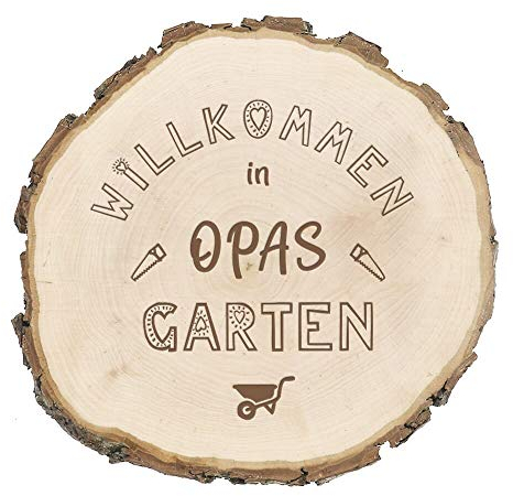 Baumscheibe mit Rinde und Gravur - Willkommen in Opas Garten - (Ø ca. 25-26 cm) Tolle Geschenkidee für die Großeltern zum Geburtstag (Opa) - STEMPEL-FABRIK