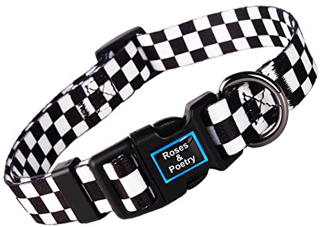 Roses&Poetry Dog Collar With Colourful Checkered Patterns,Adjustable Durable Puppy Collars for Small Medium Large Dogs(Black & White-S)