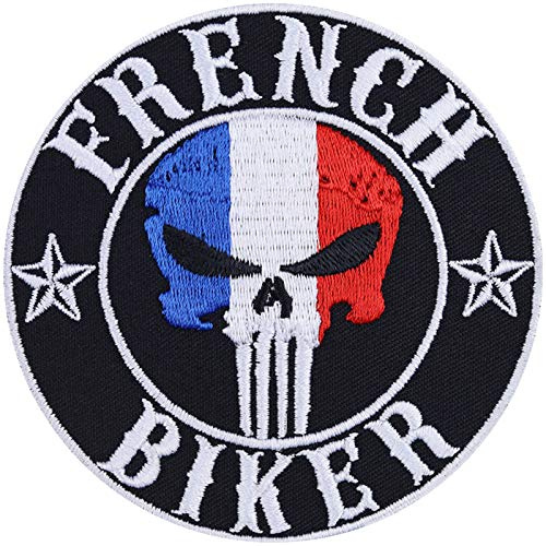 Écusson Thermocollant Motard Français Patch Biker Drapeau Français | Patch pour Jeans Cadeau Motard Application pour Accessoires de Moto/Bottes/Valise de Moto | 90x90mm