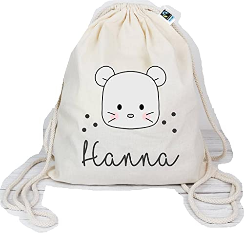 Bio Turnbeutel mit Namen personalisiert & Bedruckt | Motiv Maus | Stoffbeutel Schuhbeutel Sportbeutel Wäschebeutel Rucksack für Kinder Jungen & Mädchen | inkl. NAMENSDRUCK