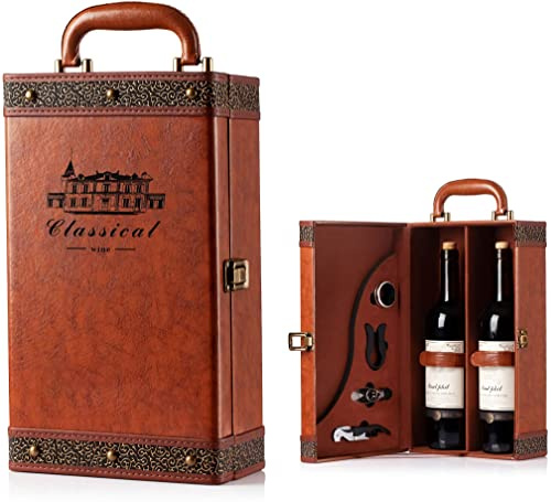 lxllnqh Wine Gift Box for 2 Bottles with 4 Wine Accessories Set, Portable Wine Carrier Bag for Wedding, Anniversary, Party, Travel, Vintage Leather Wine Storage Box for Home, Bar, Decoration and
