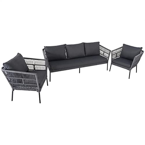 Raburg Garten Loungegruppe Adina in SEIDEN-SCHWARZ, Aluminium-Gestell,Polster in Schiefer-GRAU, Geflecht aus 100% Polyester in Stein-GRAU, 3-TLG., 1x XXL-Sofa & 2X XXL Sessel, für bis 5 Personen