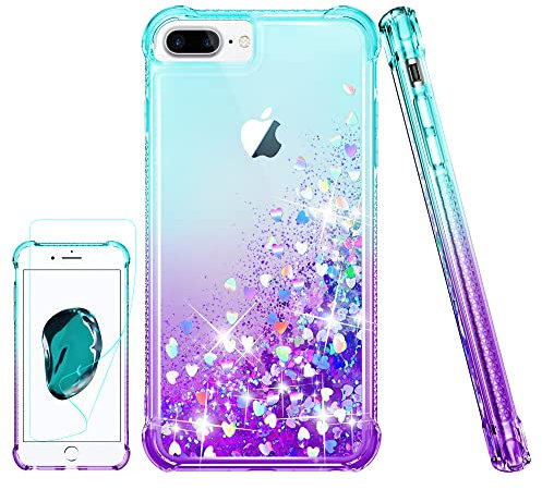 Pilaru Lovely Glitter Case for iPhone 8 Plus, iPhone 7 Plus, Clear Liquid Heart Glitter Soft TPU Cover, Transparent & Protective in Teal/Purple