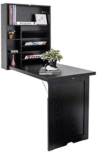 LIFEZEAL Bureau d’Ordinateur Mural, Bureau Mural Pliable avec Rangement, Table Rabattable en Panneau de Particules, Capacité de Charge de 20 KG, 94,5 x 56,5 CM/ 60 x 16 x 82 CM, Noir