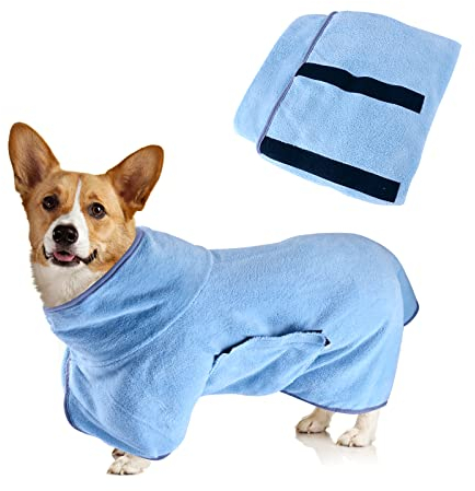 Hundetrockenmantel, Hundehandtuch Bademantel für Kleine, Mittelgroße Hunde Bademantel Super Saugfähig Haustier Hundetrockenhandtuch Weich Verstellbar Welpenbademantel nach der Dusche (S/40CM, Blau)