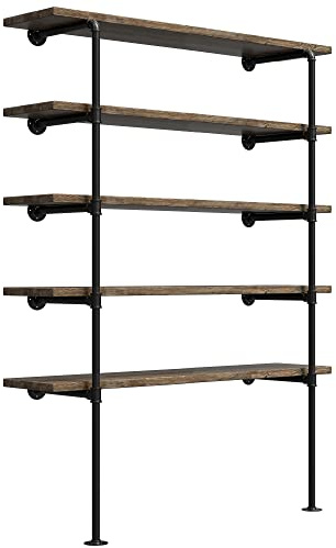 FOF FRIEND OF FAMILY Industrial 5-Tier Wall Mount Pipe Shelf Kit, 77Tall, 14Deep, 2pcs, Unfinished Iron, DIY Open Bookshelf, Kitchen, Bathroom, Office Shelves