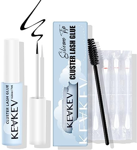 KevKev Lash Glue Black for Clusters - Waterproof With Silicone Brush, Strip Bond, Cleaning Swabs - Quick Dry, Super Strong Hold (Black, 7ml)