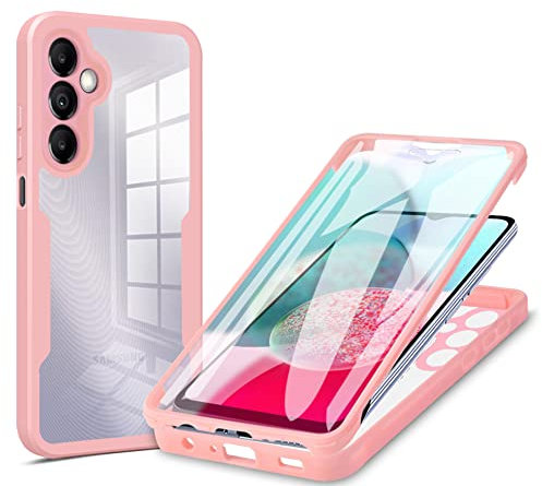 BOKYAS Coque pour Samsung Galaxy A14 (4G/5G), Housse Transparent Antichoc avec Protection écran, 360° Full Body Protection Etui Robuste Double Face Bumper Intégrale Case, Rose