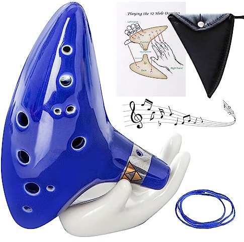 Nizirioo Ocarina, 12 Trous Alto C Ocarina, Céramique Piccolo Instrument Avec Présentoir En Forme De Main, Sac De Protection, Lanière Tour De Cou Et Livre De Chansons (Bleu)