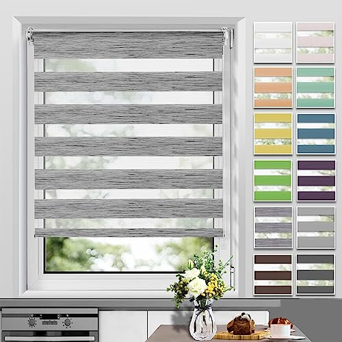 Allesin Doppelrollo Klemmfix ohne Bohren & mit Bohren, Duo Rollos für Fenster und Tür, Klemmrollo Fensterrollo lichtdurchlässig, Sichtschutz und Sonnenschutz, 110x200cm (BxH), Marmor-Grau