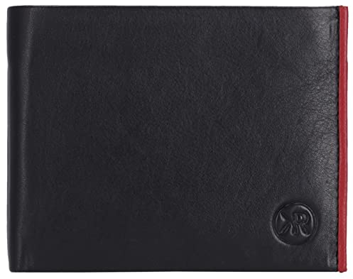 Kenorada Querbörse Herren Gent Scheintasche | kleine Geldbörse für Herren | aus hochwertigem Echtleder | Separates Münzfach mit Druckknopf | 7 Kartenfächer für Kreditkarten (schwarz/rot)