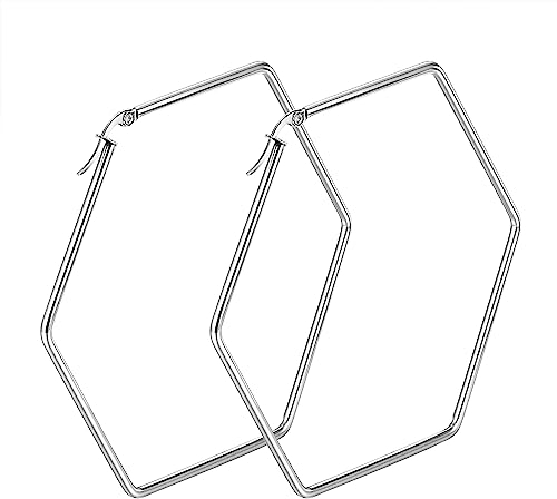 JewelryWe Ohrringe Damen Sechseck Creolen - Große Hexagon Geometrische Ohrringe Elegant Huggie Creolen Ohrstecker für Frauen Mädchen Silber