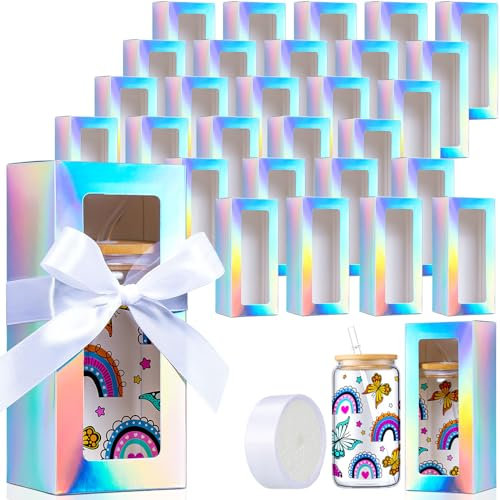 FillTouch 60 Pcs Gift Boxes with Ribbon for Sublimation Glass Exhibition Transparent Tumbler Gift Boxes for 12oz 16oz 20oz Glass Jar Shipping Packaging(Laser Color)