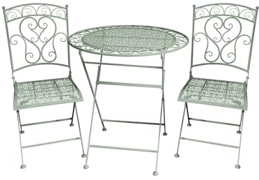 Garden Gear Wrought Iron Folding Scroll Design 2 Seater Bistro Outdoor Patio Balcony Set Table Pre-Assembled Furniture (Sage Green)