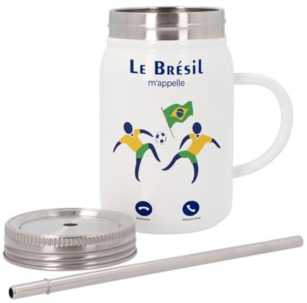 Mug Isotherme en Inox avec Couvercle et Paille - Le Brésil M'Appelle Foot Culture Voyage - 500 ml - Tasse Thermo