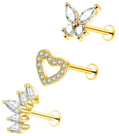 Besyvvin 3er Helix Lippenpiercing Stecker 6mm Chirurgenstahl Gold Piercing Tragus Cartilage Knorpel Stecker Schmetterling Blume