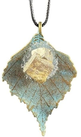 YOPI Halskette mit Blattanhänger aus Rohstein mit Pyrit und Perleneinlage – Einzigartiger Pulloverkettenschmuck(Pyrite)