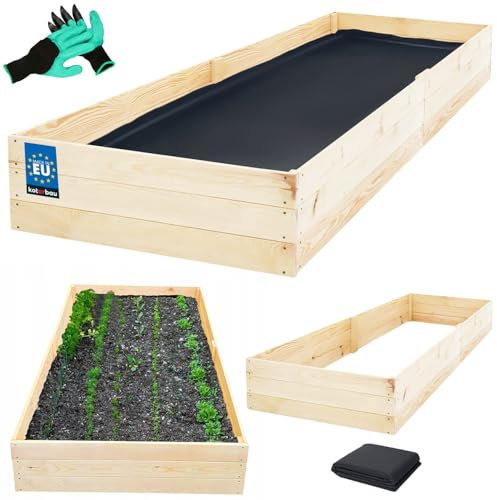 KOTARBAU® Tiefbeet Blumenkasten aus Holz 200x100x27cm Pflanzkästen Naturfarbe Hochbeet Kräuterbeete Pflanzkübel groß Anzuchtbeet Hochbeete für Garten Gemüsezucht Gemüsekiste + Handschuhe mit Krallen