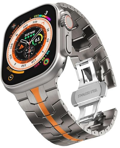 BUDAY Correa de acero inoxidable para Apple Watch Ultra 2 Band 49 mm 45 mm 44 mm 42 mm, correa de metal con cierre plegable para Apple Watch Series 9 8 7 6 5 4 3 2 1 Ultra/Ultra 2 Men(Titanium/Orange)