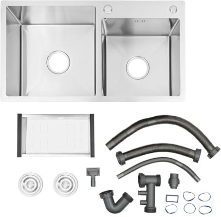 Fregadero doble de acero inoxidable, 78 x 43 x 21 cm, fregadero empotrado con escurridor y aislamiento acústico (2 lavabos de 35 x 35 cm/30 x 30 cm) – Incluye desagüe & X-Drain para cocina/comercial