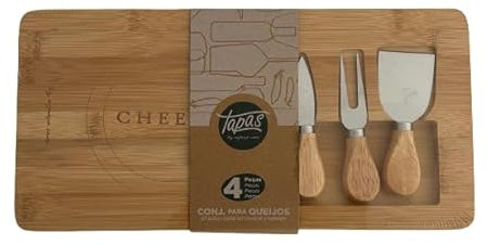 Tagliere per formaggio in bambù con utensili, 38 x 19 cm, set di 4 pezzi, include coltelli per servire