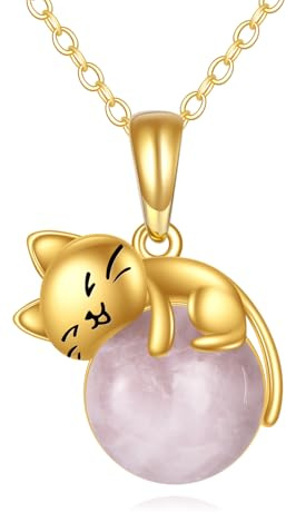 KECHO 14K Echtes Gold Cat Halskette Rose Quartz Anhänger Echtes Gold Schmuck Gelbgold Geschenk für Damen