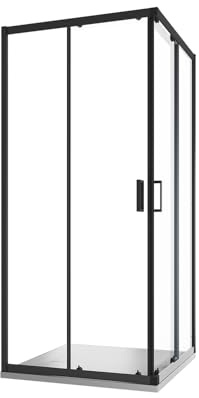 Box Doccia Angolare Due Ante Scorrevoli Cristallo Temperato 6mm Profili Squadrati Nero Opaco Altezza 185 cm - Tonga (Vetro Trasparente, 90x90)