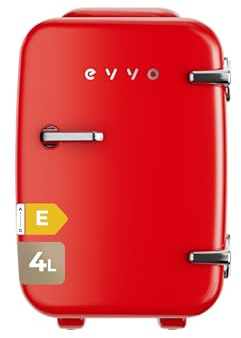 EVVO F4 Mini Frigorifero Retrò Rosso 4L - Mini Frigorifero per Creme, Trucco e Bellezza | Mini Frigorifero Portatile per Stanza, Ufficio e Auto | Funzione Fredda e Calore | Silenzioso | 12 V/220 V