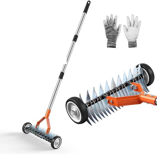 Viugreum 170cm Handvertikutierer mit Rollen, Vertikutierer Rechen mit Stiel, Metall Schneidrechen Garten,Abnehmbar,Verstellbarer Vertikutierrechen,Vertikutierharke für Garten,Hof,Rasen(orange)