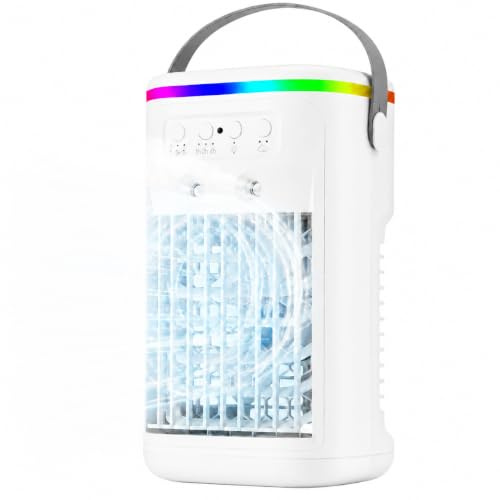 Mini condizionatore portatile silenzioso, refrigeratore d'aria con telecomando, 3 velocità e 2 modalità di nebulizzazione, timer 1-4 ore, 7 luci LED, ventilatore ad aria fredda per camera da letto e