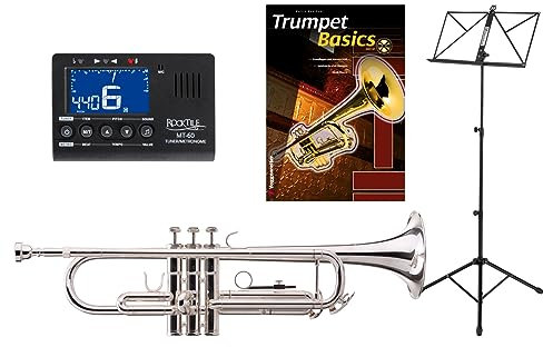 Classic Cantabile TR-40S Bb-Trompete SET (Mundstück, Koffer, Stimmgerät/Metronom, Notenständer, Trompetenschule) silber