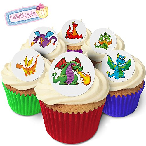 24 Edible Pre-Cut Wafer Round Cake Toppers: Dragons