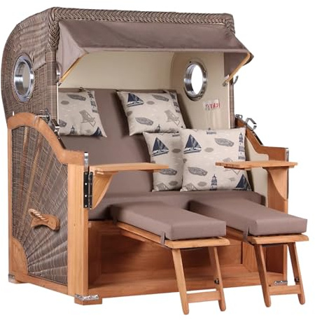MR. DEKO® Strandkorb Baltikum 2,5-Sitzer Teak | PE Geflecht Grey | Volllieger Strandkörbe aus Teakholz mit 2 Bullaugen & Fußablagen | Polster mit 4 Kissen | Strandstuhl (Dessin 540)