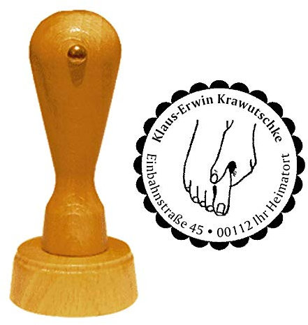 Stempel Adressstempel « FUßPFLEGE 01 » Durchmesser ca. Ø 40 mm - mit persönlicher Adresse, Motiv und Zierrand - Beruf Podologe Fußmassage