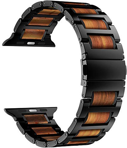 iiteeology Compatible with Apple Watch Band, Natural Wooden Steel Link Bracelet for iWatch Ultra 2/ Ultra/Series 1-10 49mm 46mm 45mm 44mm 42mm 41mm 40mm 38mm