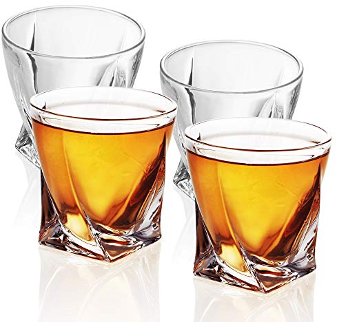 Intirilife Juego de 4x Vasos de Whisky en CRISTAL CLARO 'TWISTED'- 260ml-Old Fashioned Whisky Sin Plomo en Diseño Escultura apto para lavavajillas- Vaso de Whisky para Cocktail Scotch Ginebra Ron Agua