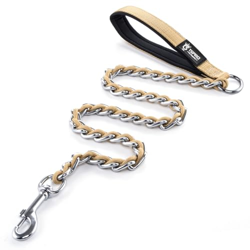 TSPRO Hundeleine Kette, Hundekette Leine Bissfest mit Weichem Griff, Leine Metall Hunde Kette für Mittelgroße und Große Hunde, mit D-Ring Rostfrei Anti-Kauen Kettenleine (4MM, Gold)