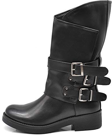 IF Fashion Scarpe da Donna Stivali Stivaletti Biker Fibbie Anfibi al Polpaccio con Fibbie 1165 Nero N.36