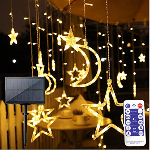 Solar Star Mond Vorhanglichter 3,5M LED-Lichterketten mit Fernbedienung 8 Modi Fenstervorhang-Lichterketten für Weihnachts Dekorationen im Innenbereich (Warmweiß-Star Mond)