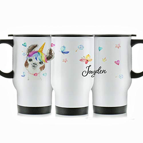 Personalised Travel Mug, 400ml White Stainless Steel Travel Mug with Handle, Customised with Initial/Name, Alpaca Unicorn with Rainbow Hair Hearts Stars Design Print