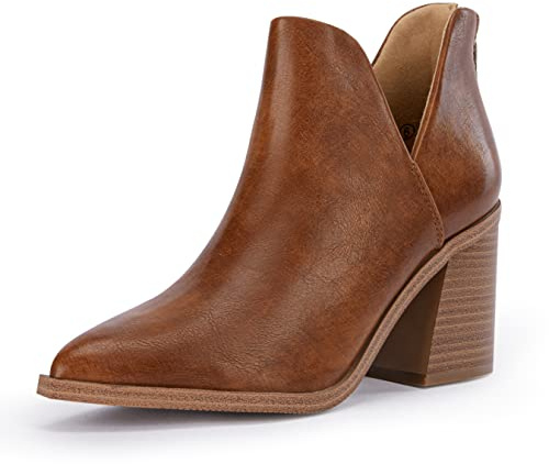 FISACE Womens Pointed Toe Stacked Mid Heel Ankle Boots V Cut Back Zipper Faux Leather Booties
