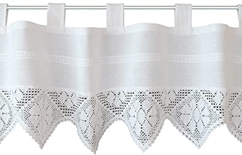Edle Scheiben-Gardine mit Schlaufen als blickdichter Vorhang in 40 x 150 cm - Landhaus-Stil Bistrogardine Blumen-Motiv Spitze weiß - Moderne Kurzstore Küchen-Gardine Wohnzimmer Wohnwagen