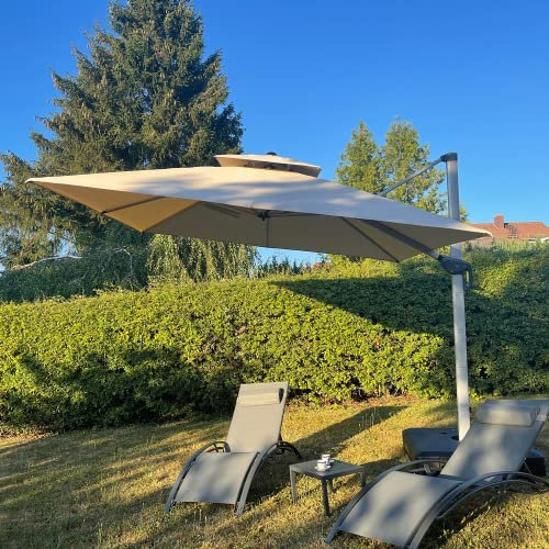 PURPLE LEAF 3 X 3 M Garden Cantilever Parasol, Large Square Overhanging Patio Umbrella with Crank Handle and Tilt for Balcony and Outdoor, Begie