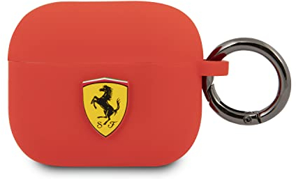 Ferrari AirPods Case Cover in Black On Track with Ring Keychain Slot, Compatible with Apple AirPods 3, Silicone Protective Hard Case, Shockproof, Wireless Charging, and Signature Metal Logo