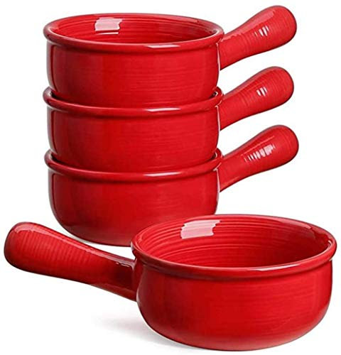 FBWSM Cuencos de Sopa de Cebolla Francesa con Asas, ollas de cerámica duraderas, adecuadas para Sopa, Chile, estofado de Carne, muesli,-Red||4 pcs
