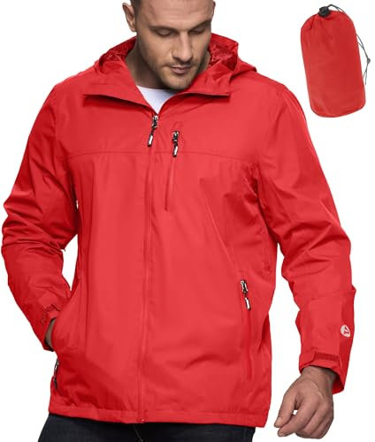 Outdoor Ventures Men's Lightweight Waterproof Jacket Windproof Rain Coats Pack Away Hooded Jackets Windbreaker for Camping Fishing Running Cycling Bright Red L