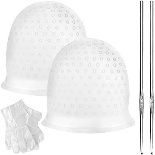 BLUESEABUY 2Pz Cuffia in Silicone per Tingere Riutilizzabile Cuffia Capelli per Meches per Tintura con 2 Uncinetti in Metallo e 100 Accessori per le mani per Colorazione dei Capelli (Bianco)